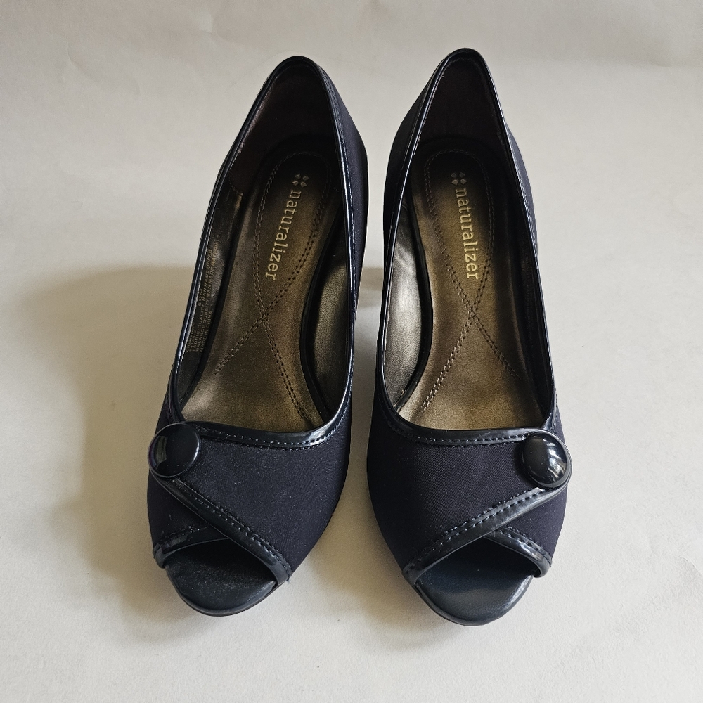 Gently Uses Naturalizer Women's Navy Blue Peep Toe Button Heels, Size 5.5